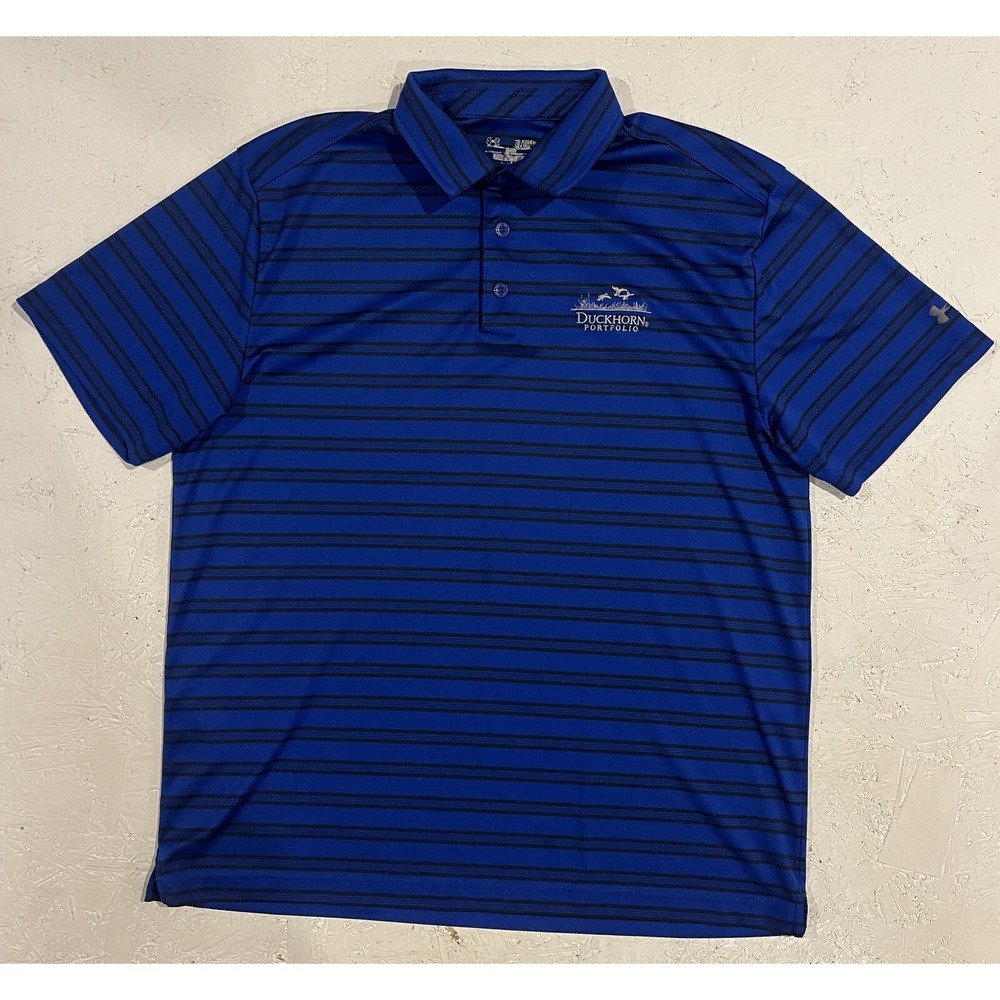 Under Armour Heat Gear Loose Polo Shirt Duckhorn Portfolio Mens XL Blue Striped